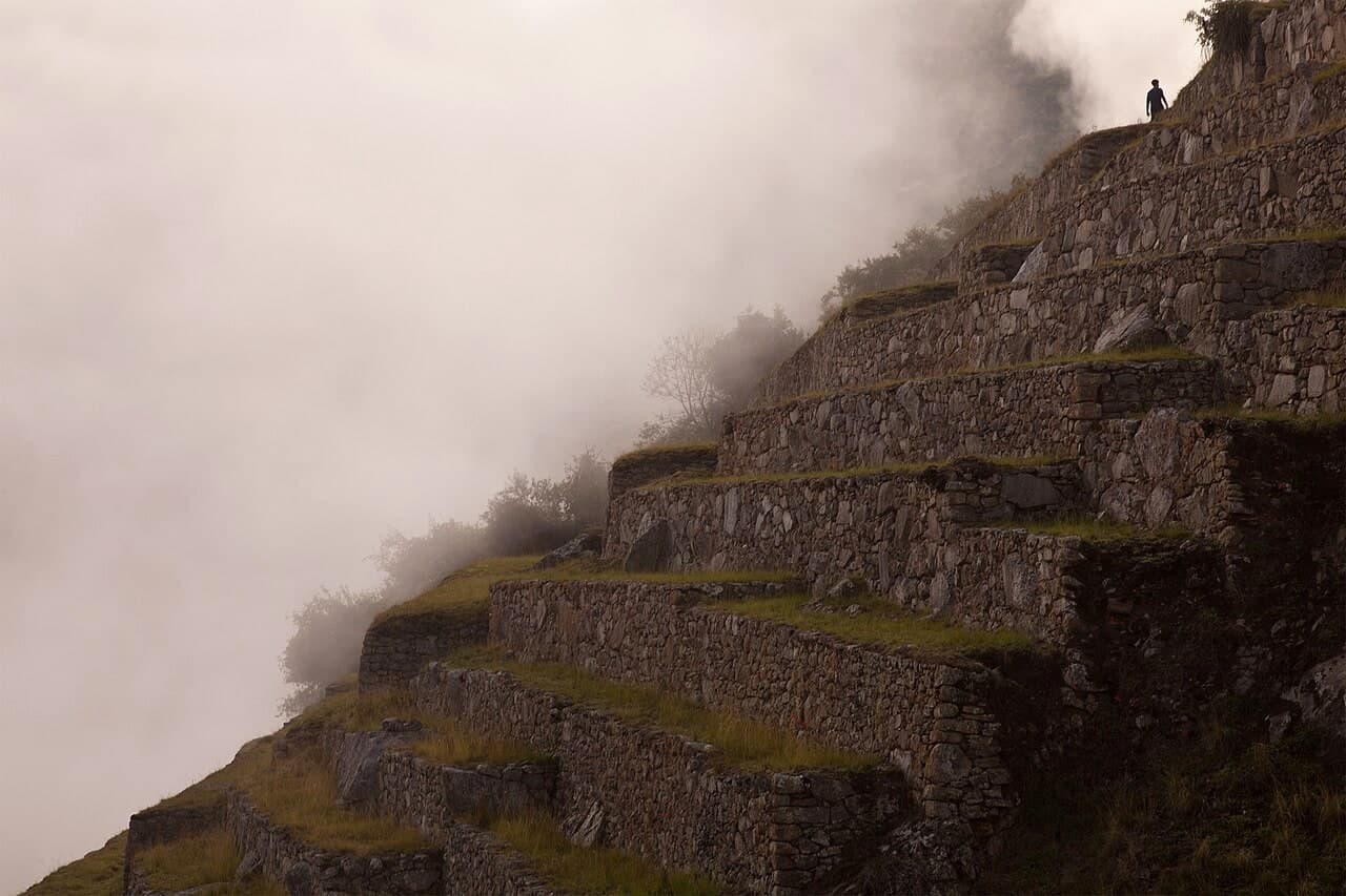 Stepped agricultural terraces of grass and stone at Machu Picchu.